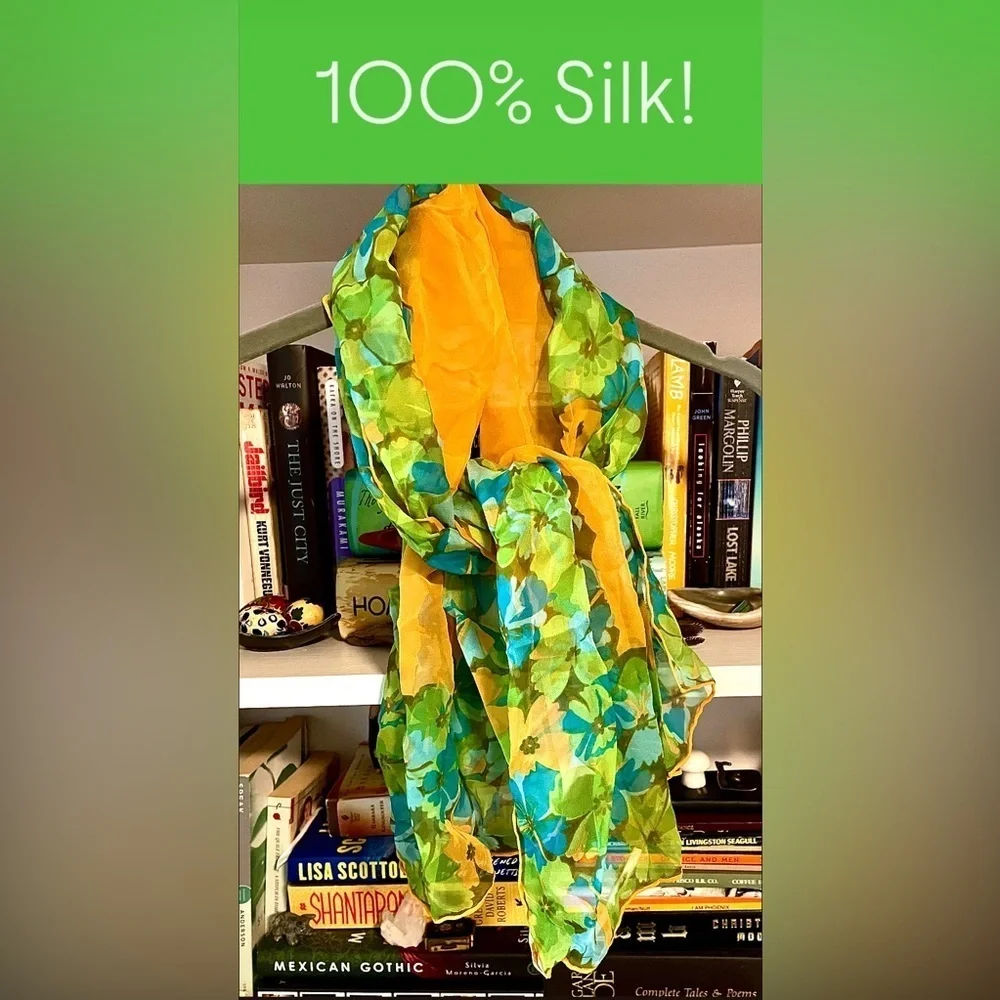Glentex 100% Silk Vintage Scarf Hand Rolled Japan Floral Green Blue Orange Large